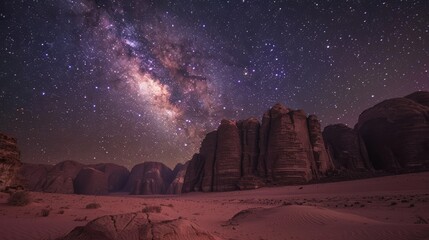 Wadi Rum desert under the milky way,Red mountains of the canyon of Wadi Rum desert