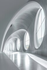 Obraz premium Sleek and futuristic interior design featuring large curved windows and abundant natural light, creating a bright and airy atmosphere.