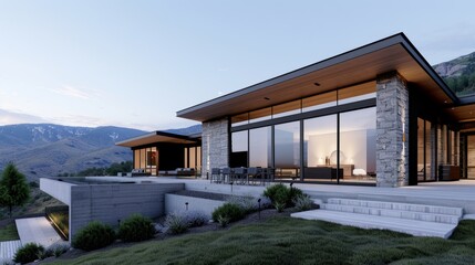 Contemporary mountain abode, a stylish home built with natural materials, panoramic views of the rugged landscape, perfect for serene living