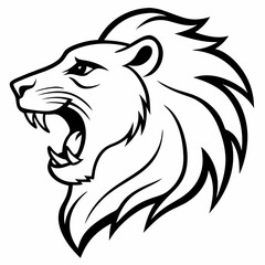 Fototapeta premium a side view angle of roaring lion head mascot or logo in white background, simple line vector illustration, coloring page for children