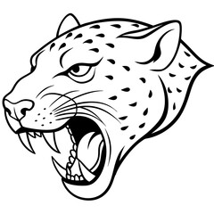 a side view angle of roaring cheetah head mascot or logo in white background, simple line vector illustration, coloring page for children