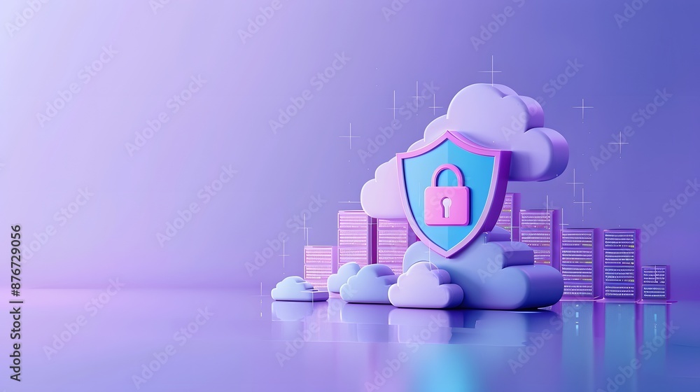 Poster 3d illustration of cloud computing with security shield lock, data encryption, and server icons on a
