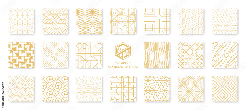 Poster Line seamless pattern. Abstract hexagon texture. Vintage modern 3D design with retro squares. Decorative grids. Elegant geometric repeated print. Outline shapes. Vector backgrounds set