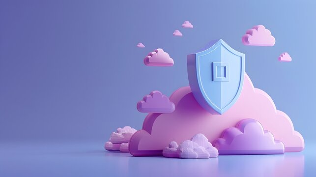3D illustration of cloud computing security with a shield and cloud shapes on a purple background, representing data protection.
