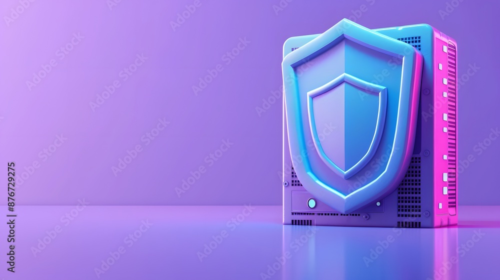 Poster 3d render of a glowing shield symbolizing cybersecurity, protecting data on a server, set against a 