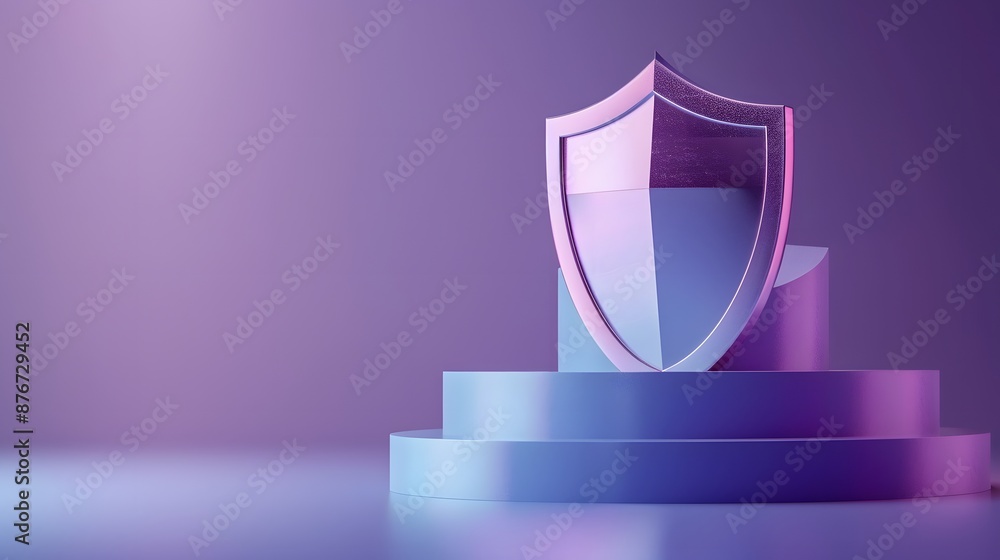 Poster 3d rendering of a shield on gradient blue and purple podium, symbolizing security and protection. co