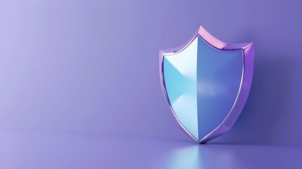 3D rendering of a shiny blue and purple shield on a purple background, symbolizing protection and security in a technology context.