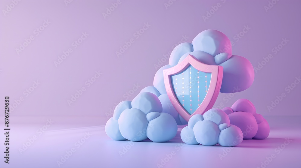 Aufkleber a 3d illustration of a shield symbolizing data security surrounded by cloud elements in a pink and b