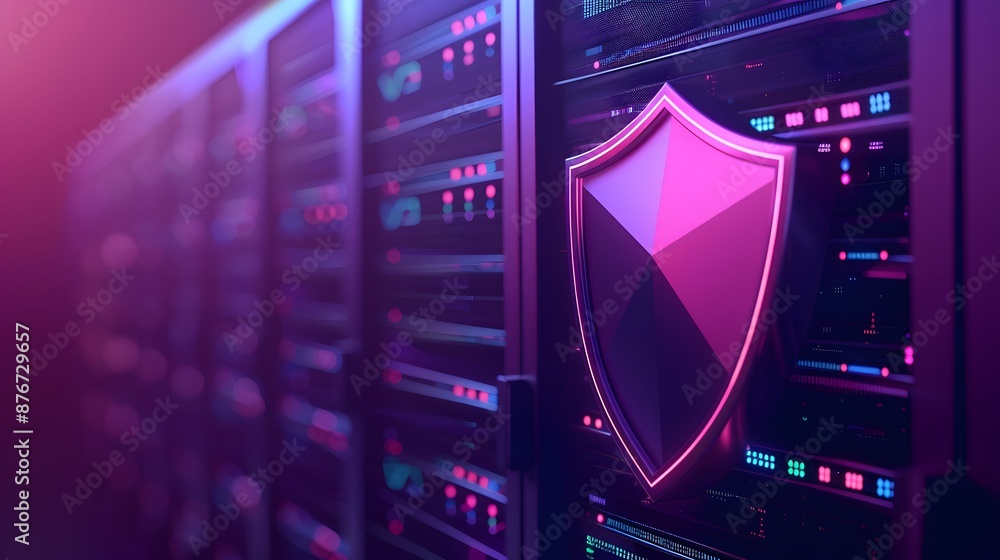 Poster a close-up of a server with a glowing security shield icon, representing data protection and cyberse