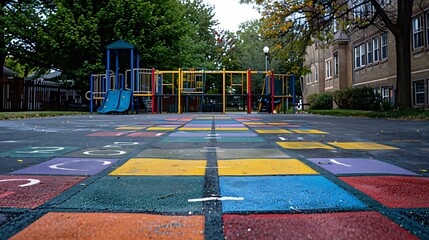A school playground with colorful hopscotch squares
