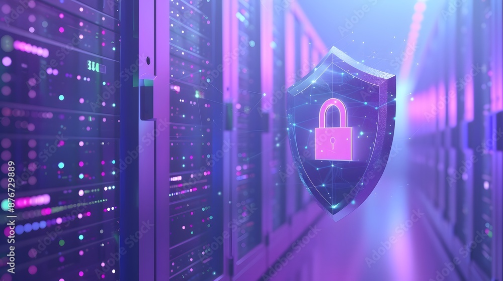 Poster a glowing shield with a lock representing cybersecurity in a futuristic data center with server rack