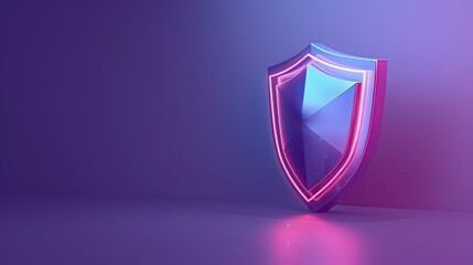 A glowing neon shield on a purple background, symbolizing protection and security in a modern, futuristic style. Cybersecurity concept.