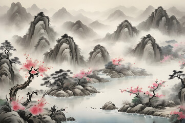 Misty Mountains: Traditional Chinese River Landscape Painting.