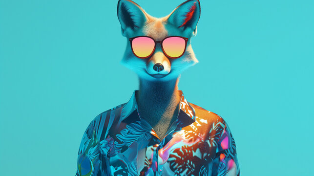 Fox Wearing Sunglasses and Hawaiian Shirt