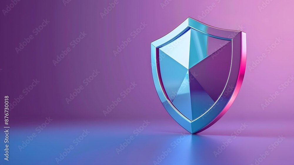 Poster abstract 3d illustration of a shiny metallic shield on a gradient purple background symbolizing prot