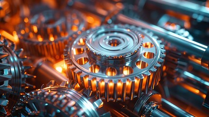 Fototapeta premium Shiny metal gears in synchronized motion, intricate engineering details highlighted, against a sleek and futuristic industrial background