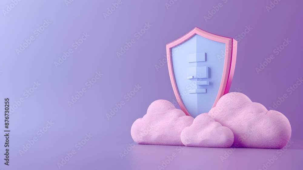 Poster cloud security concept with a shield and clouds on a purple background, representing data protection