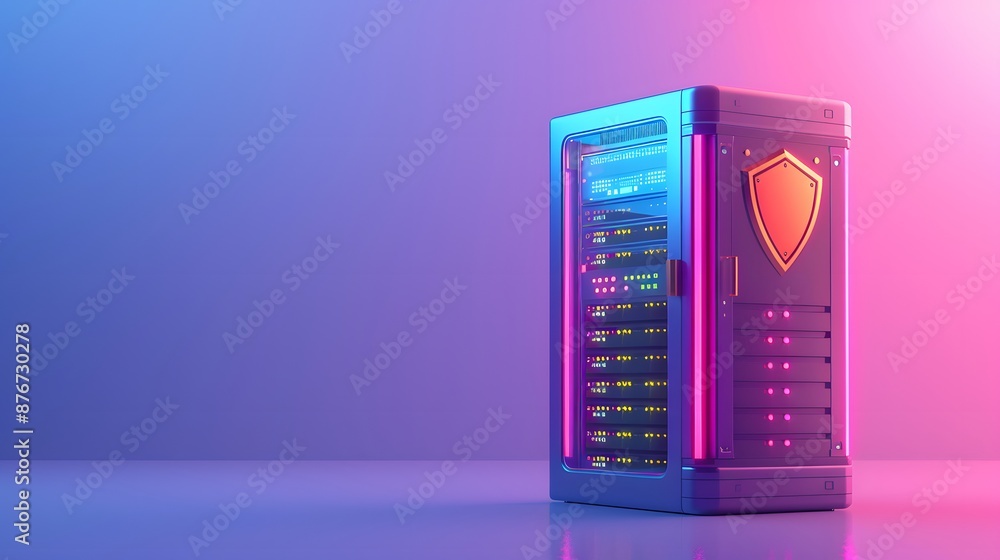 Poster colorful illuminated server rack with security shield, showcasing modern data center technology and 