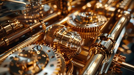 Sophisticated golden gearbox, meticulously designed metallic components, demonstrating advanced engineering and sleek aesthetics