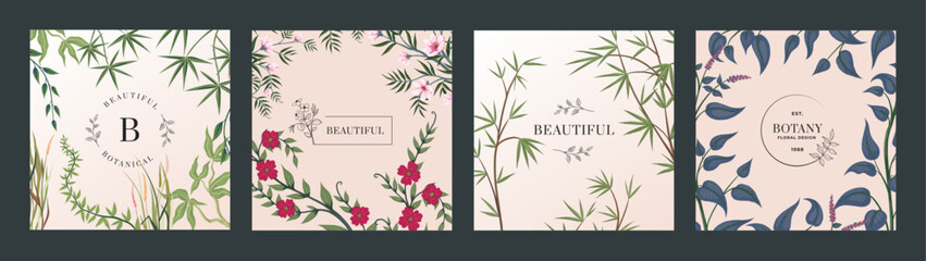 Floral poster set. Frame with copy space. Flower and tropical leaves botanical design. Spring wedding invitation design. Square background. Social media post, card or cover. Vector illustration