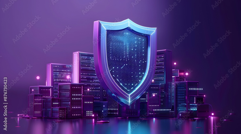 Poster cybersecurity concept with a shield and servers glowing in a futuristic landscape, representing data