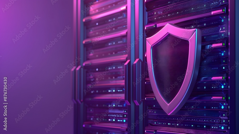 Poster cybersecurity concept with a shield on server hardware in a datacenter, symbolizing data protection,