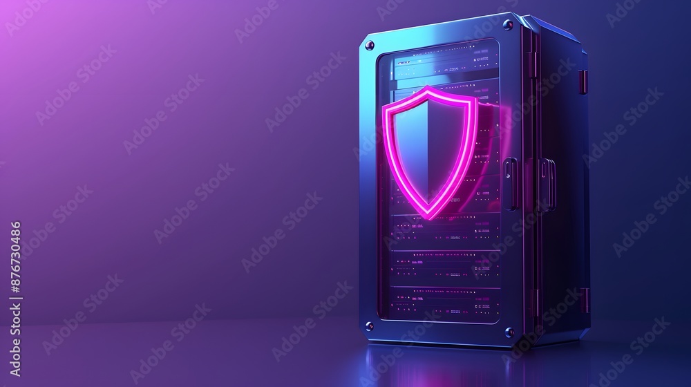 Poster cybersecurity concept with neon shield symbol on a server, representing data protection and secure t