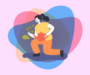 Garden work, hobby, agriculture concept. Happy young woman planting and watering green plant flat vector illustration on abstract background