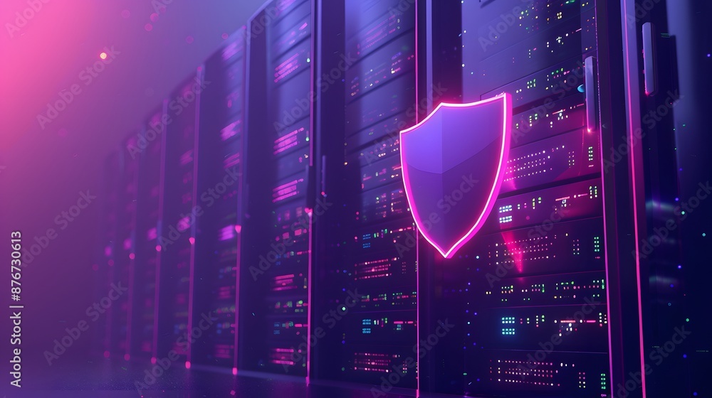 Aufkleber data center servers with a glowing shield icon, representing cybersecurity and data protection. mode