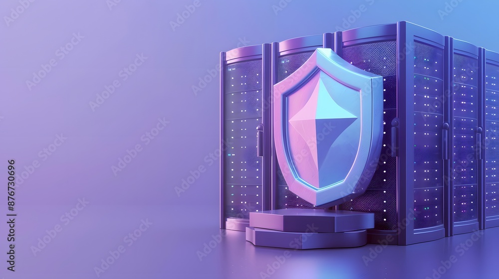 Poster data protection concept with a secure shield icon in front of server racks, showcasing cybersecurity