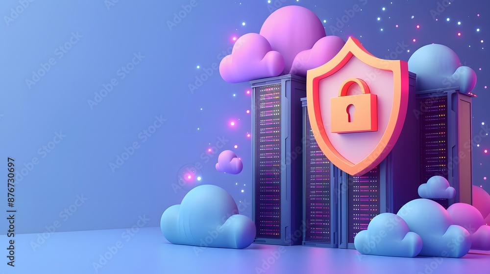 Poster data security concept with server, shield, and cloud technology. digital protection and secure stora