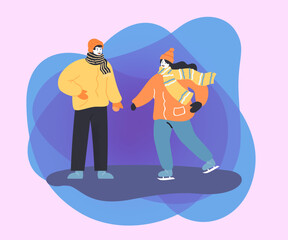 Happy couple doing winter activities in park. Girl skating in cold weather, young man helping her flat vector illustration. Outdoor activity, winter, romance, spending time together concept