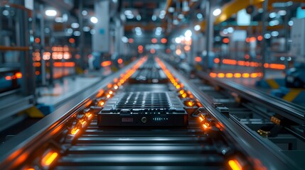 Fototapeta premium Mass production assembly line of electric vehicle battery cells close-up view