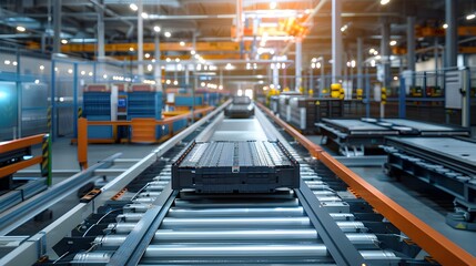Mass production assembly line of electric vehicle battery cells close-up view