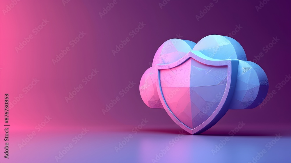 Poster digital concept of cloud security represented by a shield with smooth gradient background, symbolizi