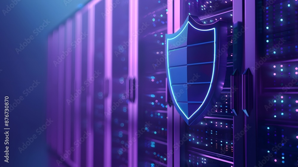 Poster digital security and data protection concept with glowing shield on server racks in a modern data ce