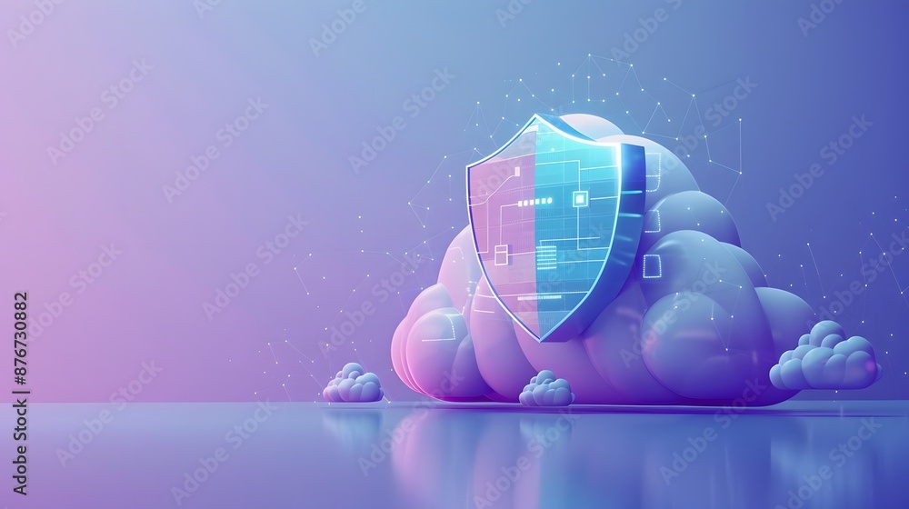 Poster digital security concept: shield on cloud indicating data protection and cybersecurity in a modern t