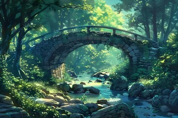 Stone bridge in forest, anime, wallpaper