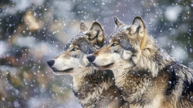 Two wolves gazing into the distance in a snowfall in the Mountains