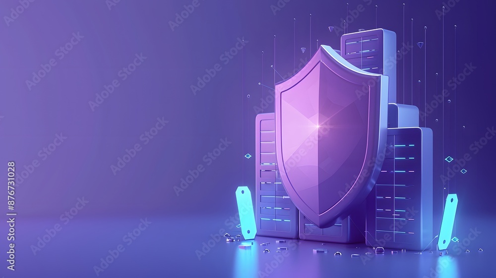 Poster digital security concept with shield and server representing data protection on a purple futuristic 
