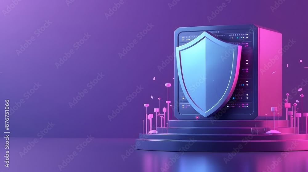 Poster digital security shield protection over server, representing cybersecurity and data protection in mo