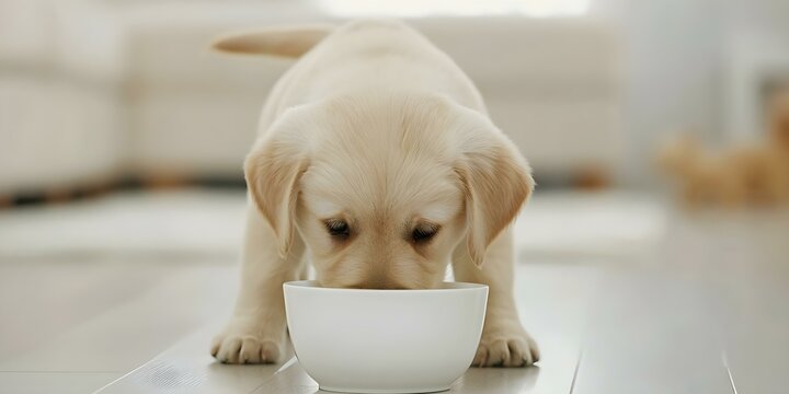 Puppy eating from a white bowl in a modern home a concept of pet care. Concept Pet care, Modern home, Puppy, White bowl, Eating