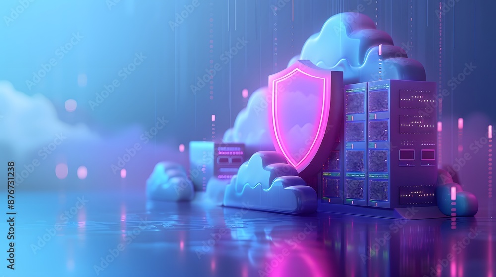 Poster futuristic cloud computing security concept with neon shield, showcasing data protection and cyberse