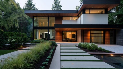 Cozy, sustainable dwelling in a serene neighborhood, symbolizing a haven within a harmonious society, modern architecture blending with nature