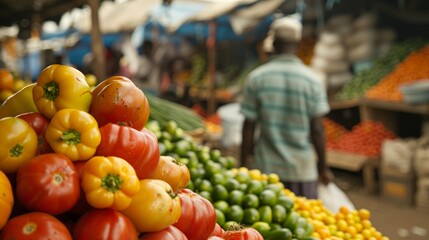 Daily life in a bustling market, illustrating the interactions and subsistence activities of vendors and buyers, vibrant and lively
