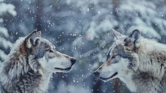 Two wolves gazing into the distance in a snowfall in the Mountains