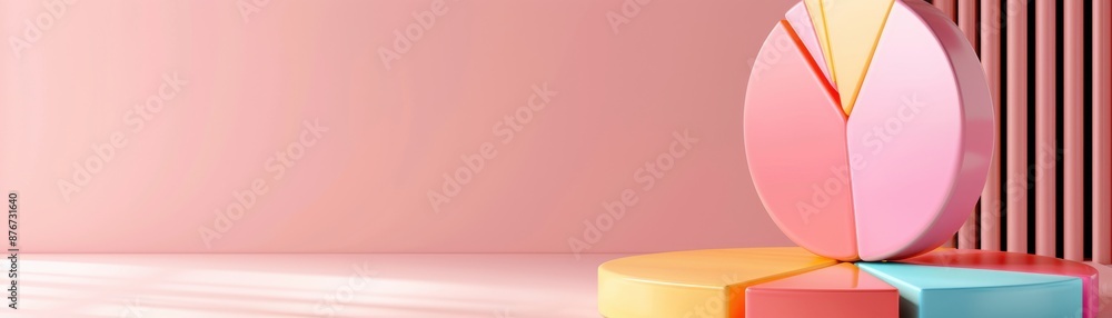Poster colorful 3d pie chart on a pink background representing data visualization and business statistics i