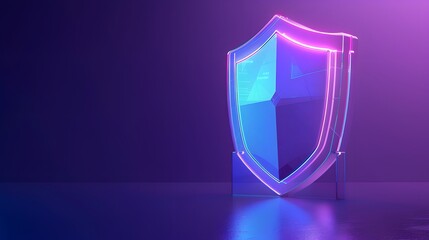 Futuristic glowing shield with neon lights, symbolizing cybersecurity and protection in a digital environment.