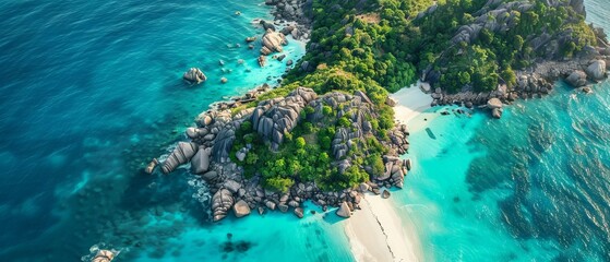 Beautiful nature landscape. Aerial view of tropical rocky island, turquoise water and white sand beach. World environment day