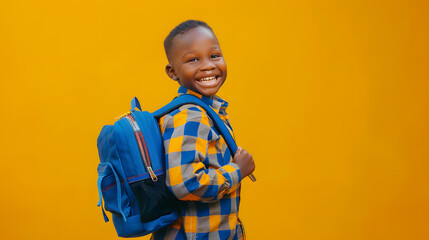 A cheerful black young boy with a colorful plaid shirt and blue backpack smiles against a vibrant yellow background with copy space, ready for school.